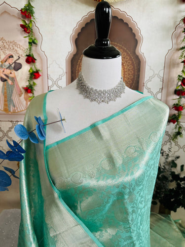 ShopNaya Exclusive | Metallic Kanchipuram Pure Silk Saree | Pastel Cyan Blue | Pure Silver Zari | Handwoven | Ships from California